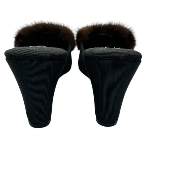 Olivia Rose Tal Black Wedge Mules with Brown Fur sz 9 Vintage - Picture 9 of 11